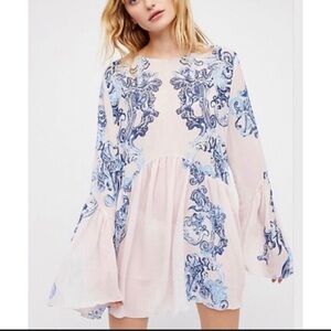 Free People Floral Symphony Slip Tunic Mini Dress with Bell Sleeves Size M